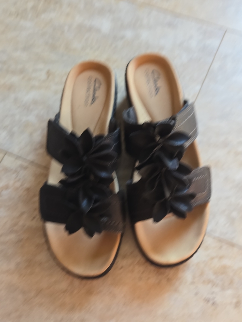 Clarks Black Floral Slide Sandals with Decorative Petals